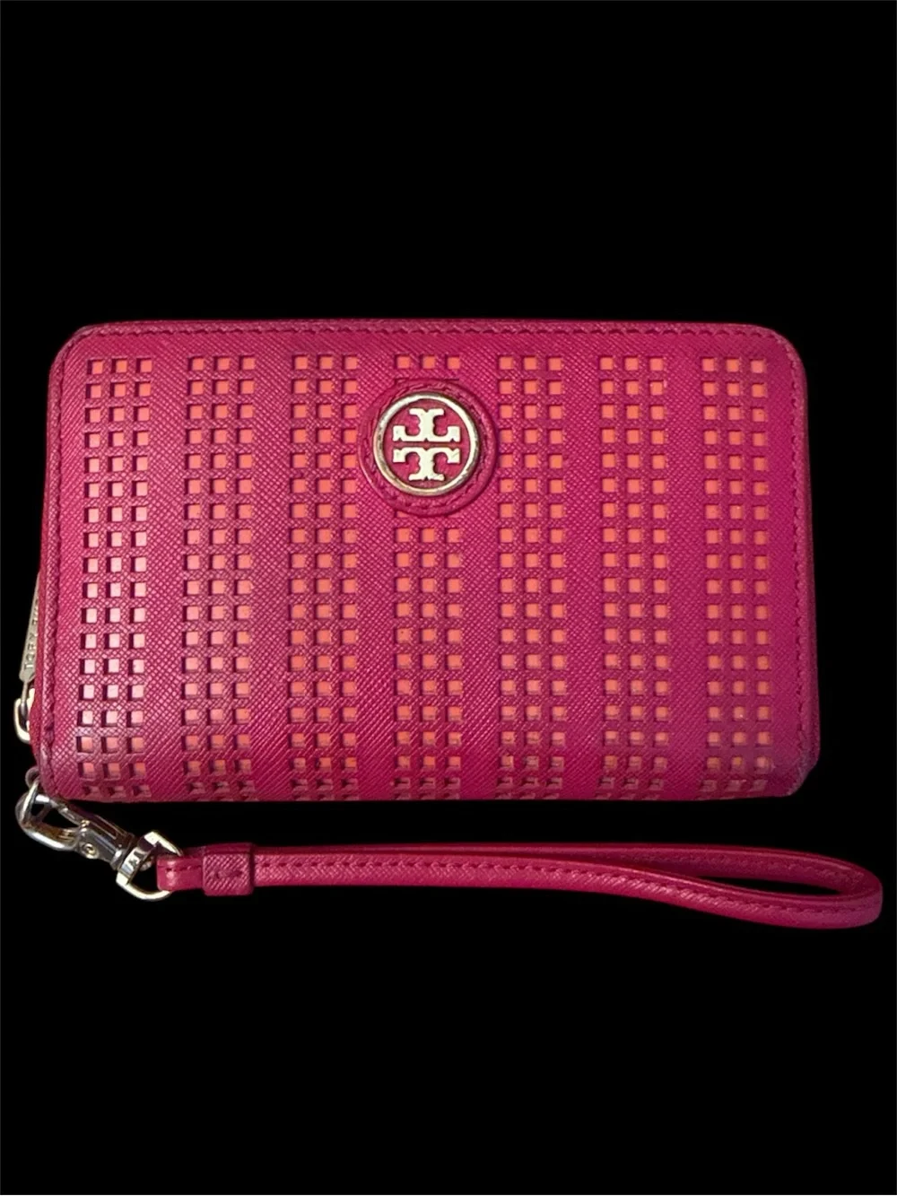Tory Burch Fuchsia Perforated Leather Wristlet Wallet with Logo Medallion